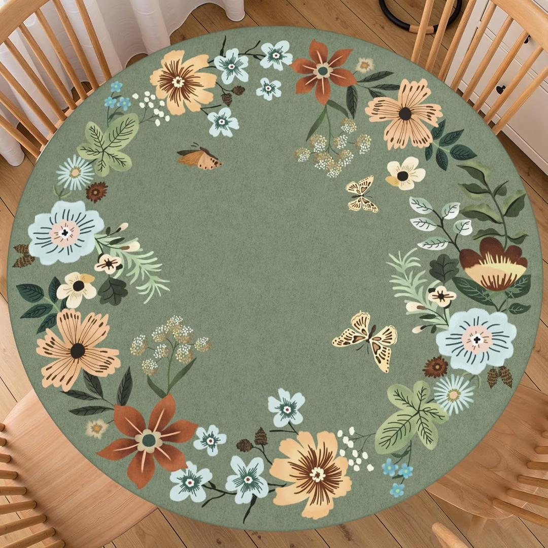 Floral Boho Round Fitted Tablecloth Best for 40"-44" Green Bohemian Table Cloth Spring Elastic Edge Water-Resistant Washable Butterfly Flower Table Cover for Party Picnic Camping Outdoor Indoor Decor