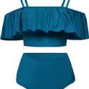 Kaei&Shi High Waisted Flounce Bikini Set,Tummy Control Swimsuits for Women,Off Shoulder, Size XL