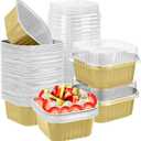 50 Pcs Aluminum Foil Mini Square Baking Cups with Lids,5oz Disposable Ramekins Cake Pans,Cupcake Baking Cups Containers for Bread Muffin Brownie Cheesecake,Gold