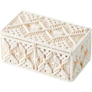 Boho Macrame Storage Basket with Lid Organza Gift Bags Decorative Wood Beads Bohemian Jewelry Box Bin Handmade Woven Natural Cotton Desk Makeup Organizer Shelf Container (Small Size)