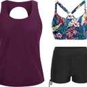 Yonique 3 Piece Womens Tankini Swimsuits with Shorts Athletic Bathing Suits Tank Tops with Bra and Boyshorts (XX-Large, Purple Floral)