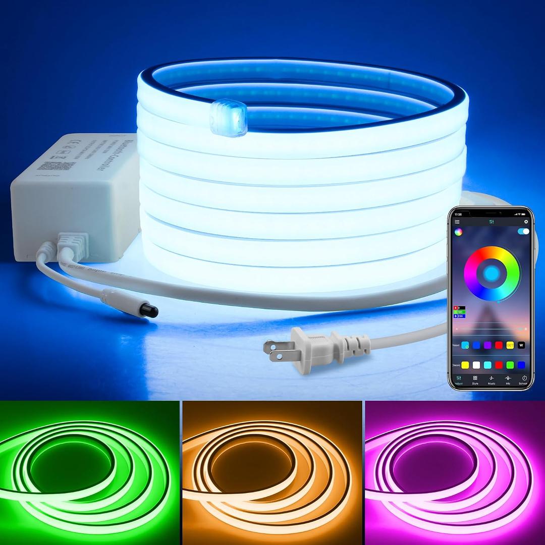 110V Bluetooth RGB COB LED Strip Light 10FT Multicolor Dimmable Flexible LED Lights Strip with Remote Music Sync Outdoor Waterproof RGB Neon COB Rope Light Plug in Color Changing AC 110V~130V IP67