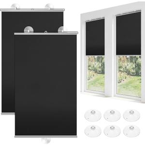 Moukeren 2 Pcs Black Blackout Roller Shades with 6 Suction Cups, 49" x 26.8" No Drilling Retractable Portable Window Blinds, Removable Temporary Blackout Shades for Home Office Bedroom Balcony
