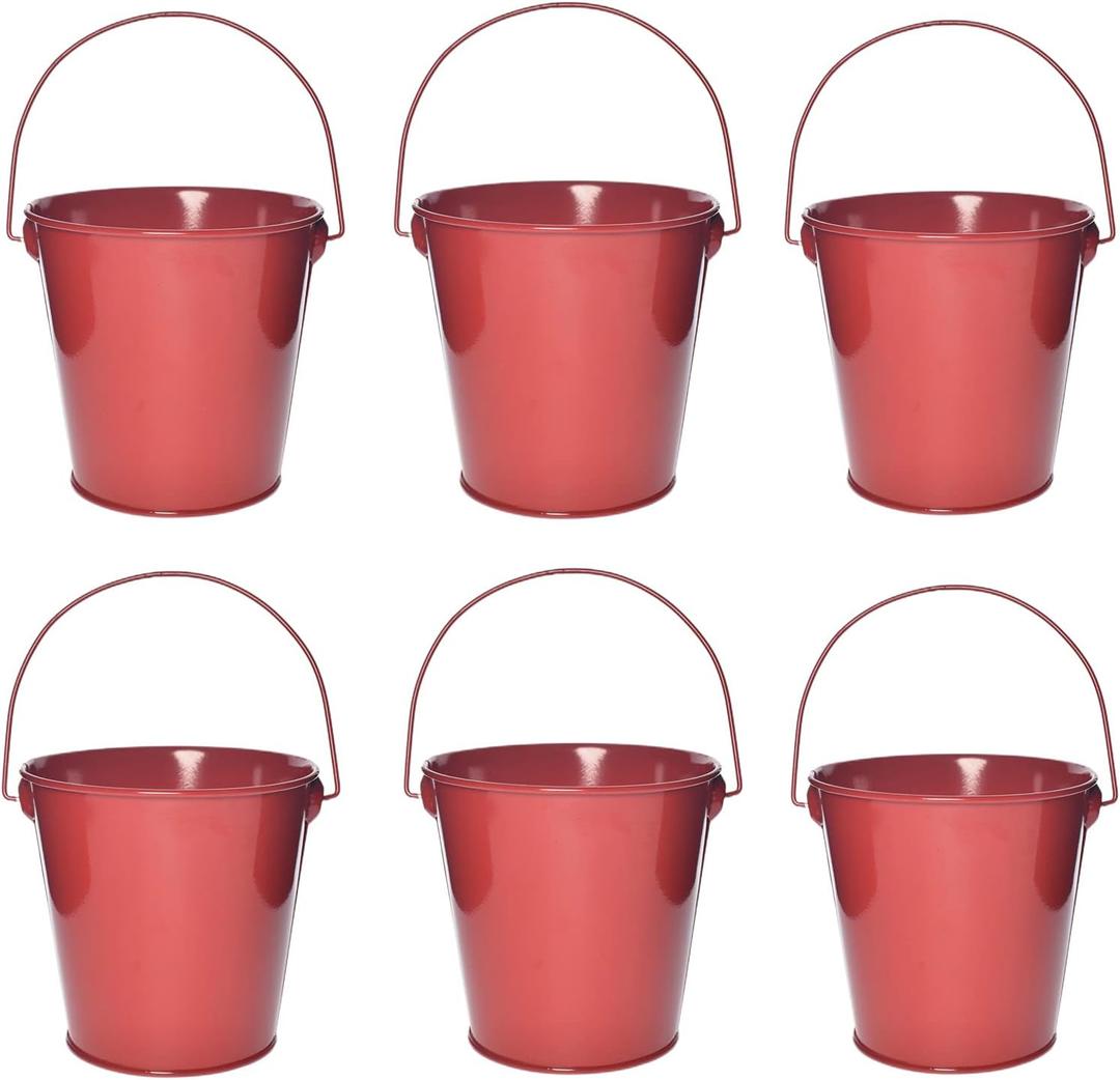 Colored Metal Buckets with Handle, 6 Pack 5.91 Inch Galvanized Iron Pail Bucket for Kids,Classroom,Crafts,and Party Favors (Red)