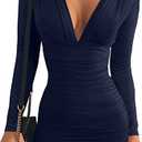 GOBLES Women's Sexy Long Sleeve V Neck Ruched Bodycon Mini Party Cocktail Dress Navy Small