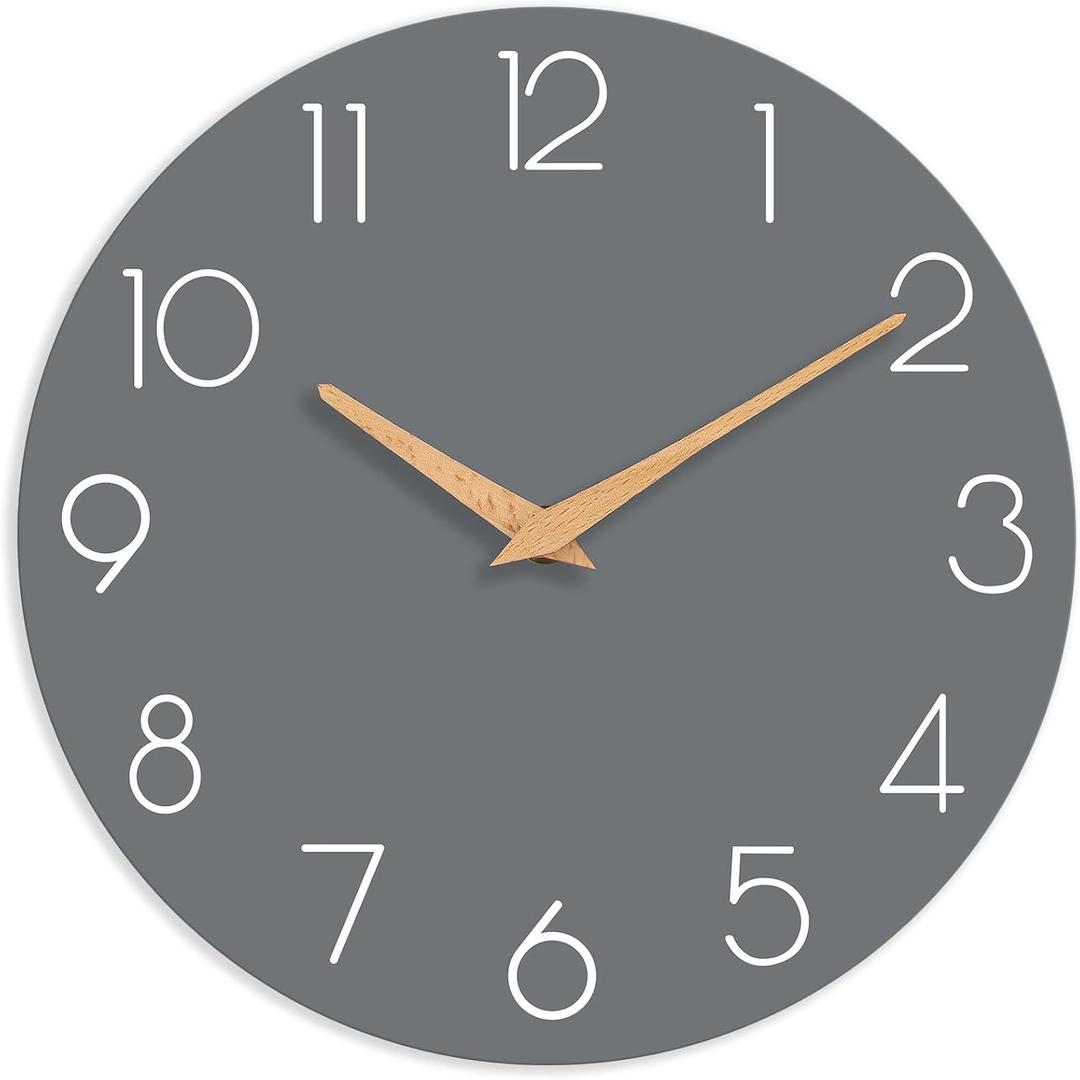 cicininc Wall Clock, 12 Inch Wooden Silent Non-Ticking, Decorative Battery Operated Wall Clocks for Bedroom, Kitchen, Home, Living Room, Office, School, Hotel (Gray)