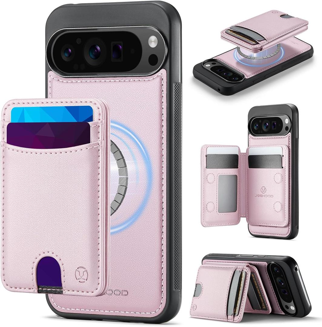 for Wallet Folding Case for Google Pixel 10 Pro XL, MagSafe Compatible with RFID Blocking 6 Card Slots, 2-in-1 Kickstand Magnetic Closure Shockproof Heavy Duty Case for Pixel 10 Pro XL 6.8" - Pink