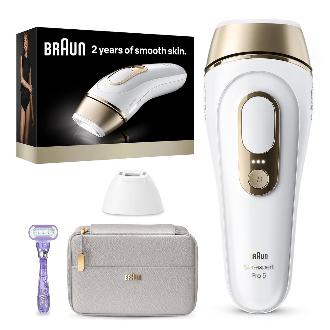 Braun IPL, Silk·Expert Pro 5, IPL Hair Removal for Women and Men, Permanent Laser Hair Reduction At-Home, 2 Heads, Pouch, Venus Razor, IPL5157