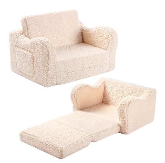 MOMCAYWEX Kids Sofa, 2in1 FlipOut Foam Couch with Soft Sherpa Cover, Cozy Play Lounge Chair, Grey