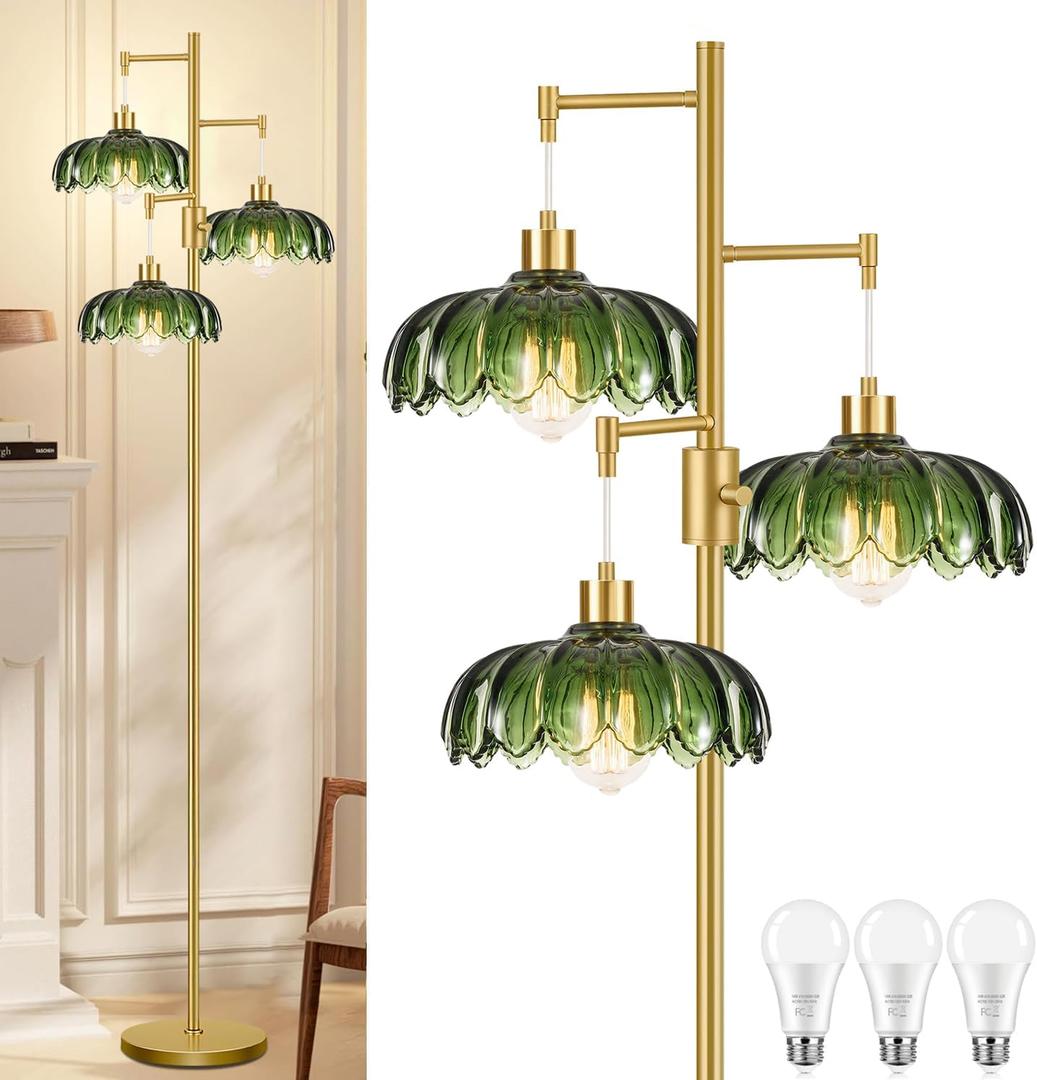 Vintage Floor Lamps for Living Room Bedroom-3 Light Dimmable Gold Floor Lamp with Glass Lampshape, Flower Tall Lamp Modern Mid Century Standing Lamp Green Tree Floor Lamp for Bedroom Corner (7.8inch)
