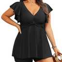 Plus Size Tankini Set Swimsuit - Women Two Piece Bathing Suit with Shorts Ruffle Sleeve Swimwear 2025 Black, Size: 22W