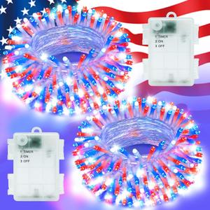 4th of July Decorations Red White and Blue Lights String Total 100 LED 33ft for Memorial Day Decorations, Battry Operated Outdoor Waterproof with Timer Patriotic for Independence Day, 2-Pack