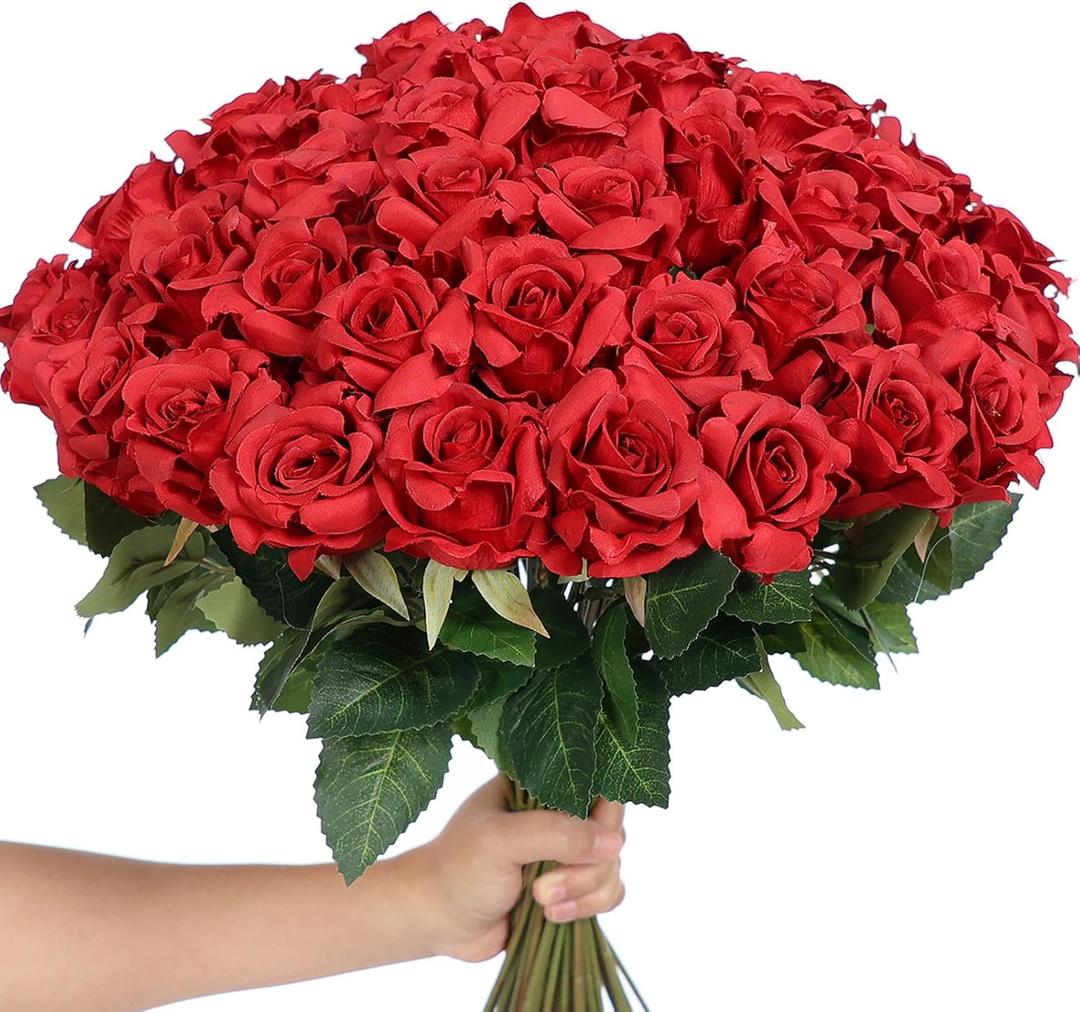 YXZZWL 60 Pcs Artificial Roses in Bulk, Fake Silk Roses Realistic Roses Stem Faux Roses Bouquet for Wedding Centerpieces Flower Arrangement Home Decor (Red)