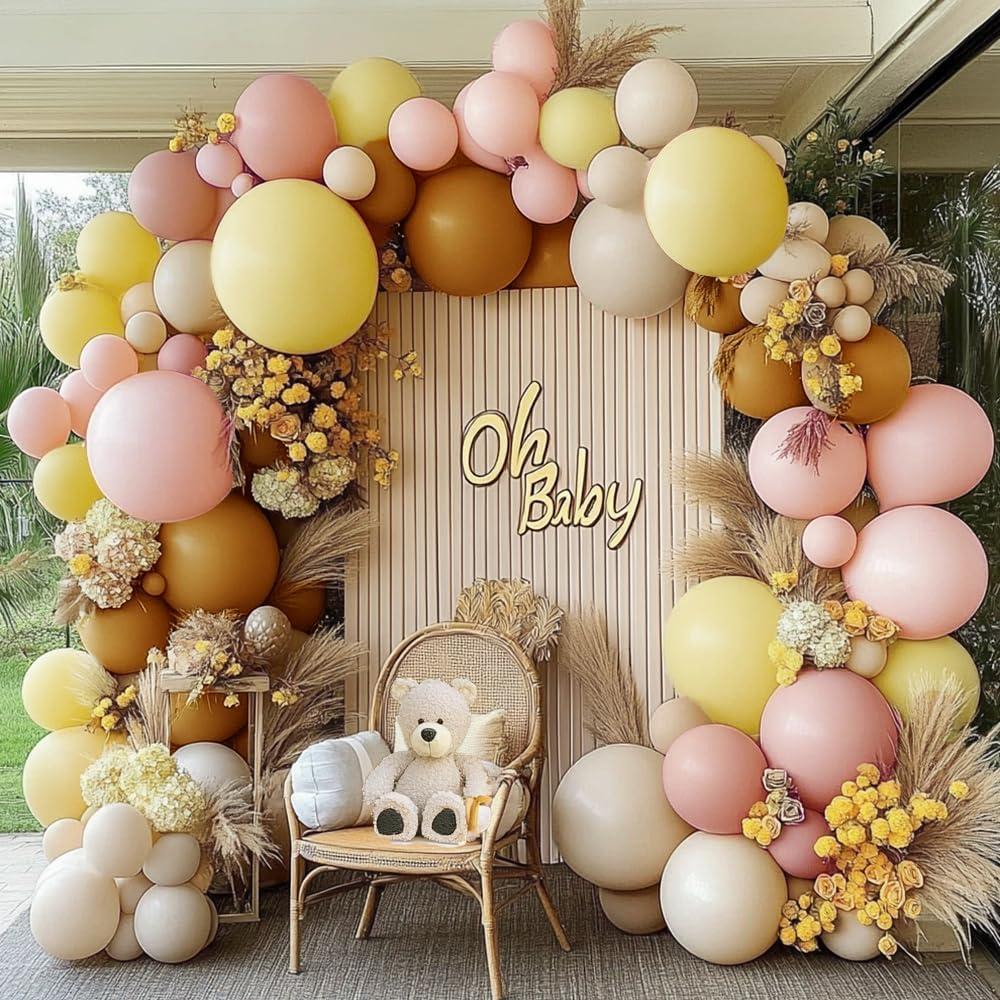 Pink Yellow Brown Balloon Garland Double Stuffed Pastel Light Pink Yellow White Sand Balloons Balloon Arch Kit for Birthday Baby Shower Wedding Bee Bear Theme Fall Party Decorations