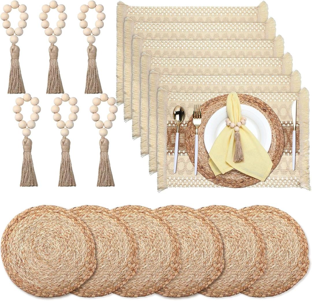 Zhehao 6 Set/18 Pcs Boho Placemats, Natural Cotton Burlap and Grass Woven Mats, Macrame Table Decor and Farmhouse Style Placemats with Tassels Beads Napkin Rings for Wedding Dining Table