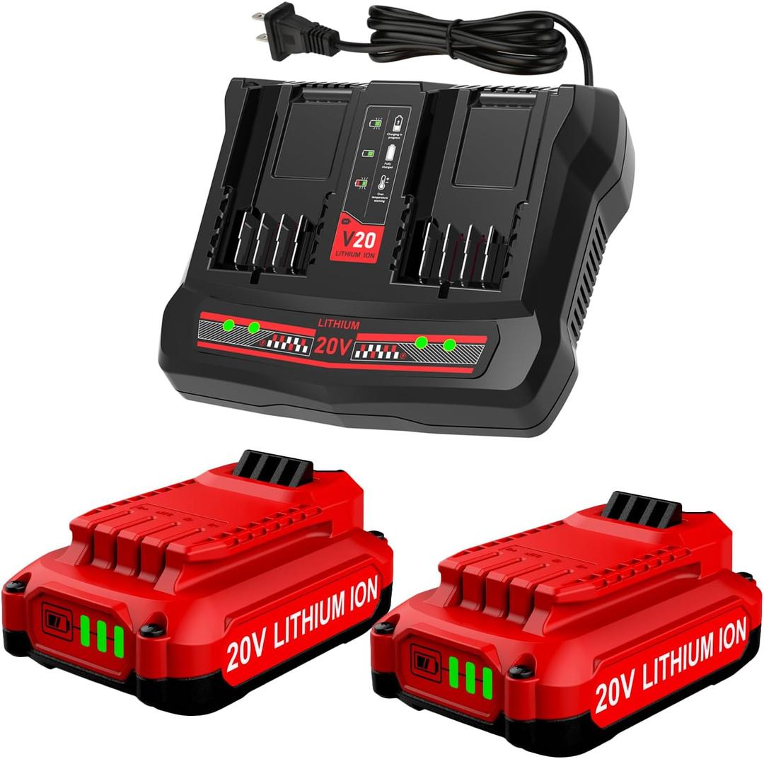 Powilling 2Pack 3.5Ah 20V Replacement Craftsman V20 Lithium Battery and Charger Kit, for CMCB202 CMCB204 CMCB206 CMCB201 CMCB100 CMCB124 with 2Port Dual CMCB104 Craftsman 20V Battery Charger