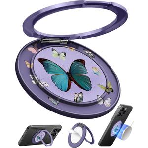 Toycamp Phone Grip Ring Holder Stand - Stick Thin Magnetic Metal Phone Accessories Grip with 360 Rotation Adjustable Aesthetic Design for Women Girls Cute for iPhone Ring Holder Grip, Butterflies
