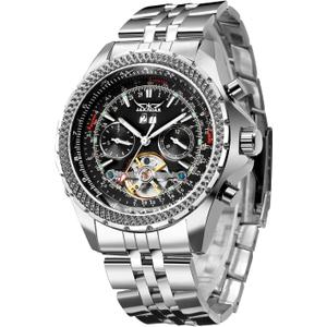 Gute Mens Watches, Mechanical Automatic Stainless Steel Waterproof Watch for Men, Luxury Big Face Multi Functional Tourbillon Calendar Wristwatch (Silver)