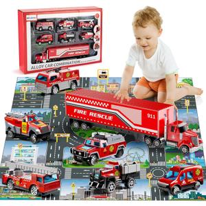 Fire Toys for 3 4 5 6 Years Old Boys Girls Kids, Die Cast Metal Fire Truck Toys W/Play Mat, Rescue Emergency Fire Truck Car Toy, Toddler Car Toy Christmas Birthday Gifts for Boys
