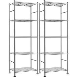 Sakugi Storage Shelves - Set of 2, 5-Tier Metal Shelf Organizer, Space-Saving Garage Shelving with Leveling Feet, Standing Shelves Organizer for Kitchen, Laundry, Pantry (18.4"x12.6"x57.4", Silver)