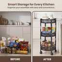 3 Tier Rolling Utility Cart with Wheels, Foldable Storage Cart Organizer, Collapsible Metal Rolling Trolley, Space Saving Kitchen Cart, Bathroom Organizer, Laundry Cart, Office Storage, Black
