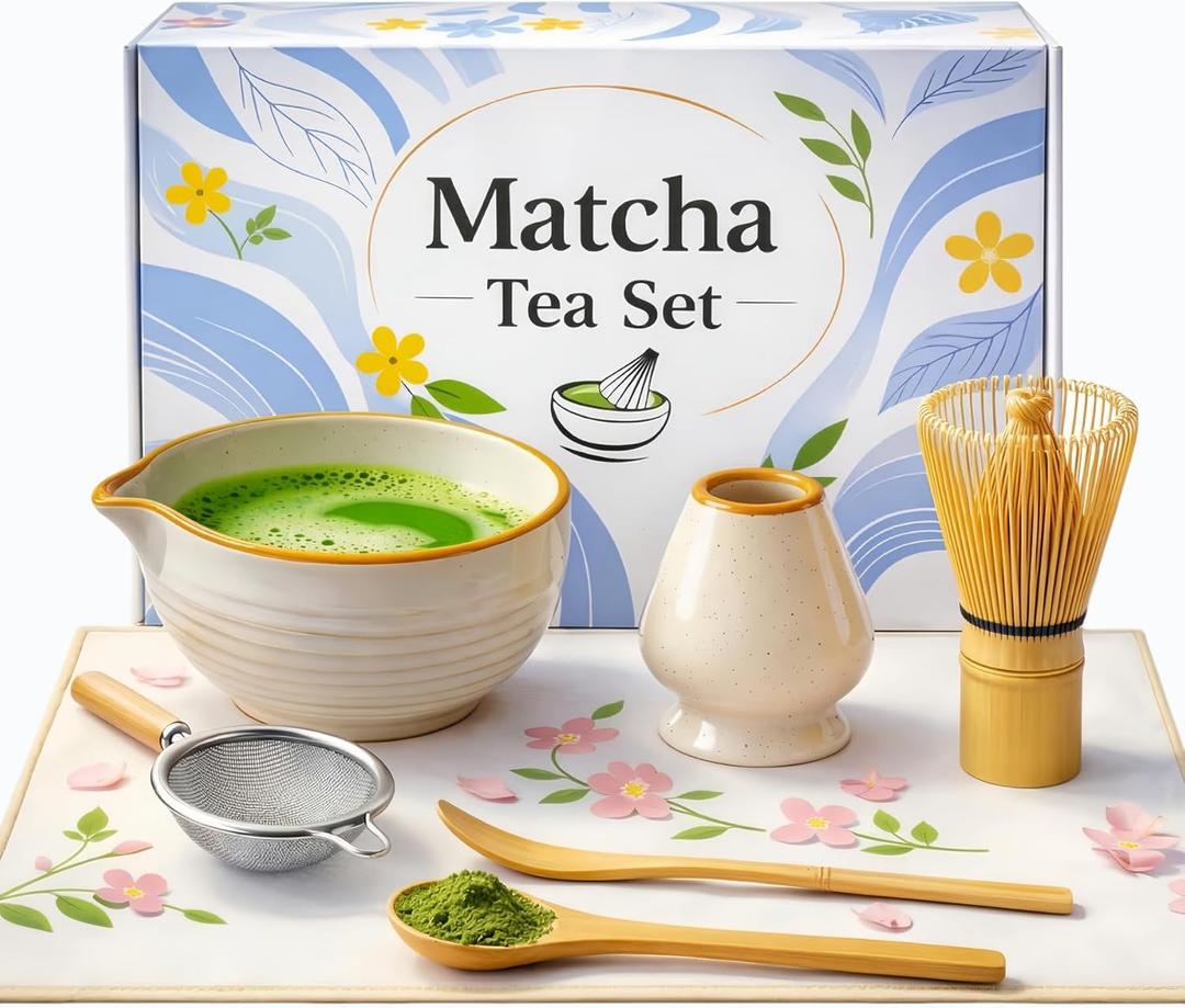 Matcha Set, 7-Piece Japanese Matcha Kit with Ceramic Bowl, Bamboo Whisk, Ceramic Whisk Holder, Stainless Steel Sifter, Chashaku Scoop, Bamboo Spoon and Tea Towel