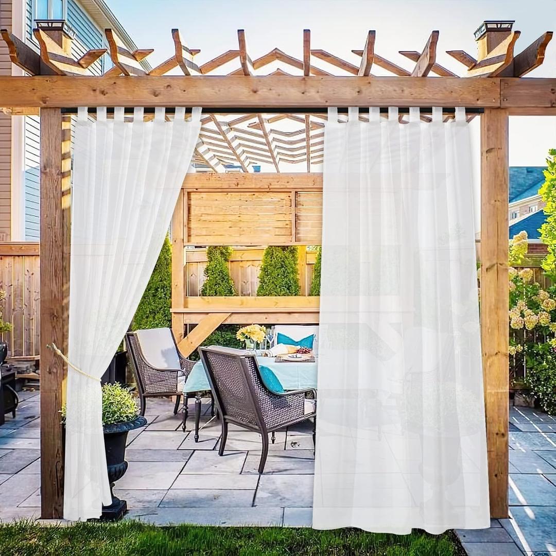 NICETOWN 2 Panels Indoor Outdoor Waterproof Patio Curtains, Sticky Tab Top Soft Voile Sheer Vertical Indoor Outdoor Drapes Easy Hanging for Porch/Cabana, Ivory, W54 x L96