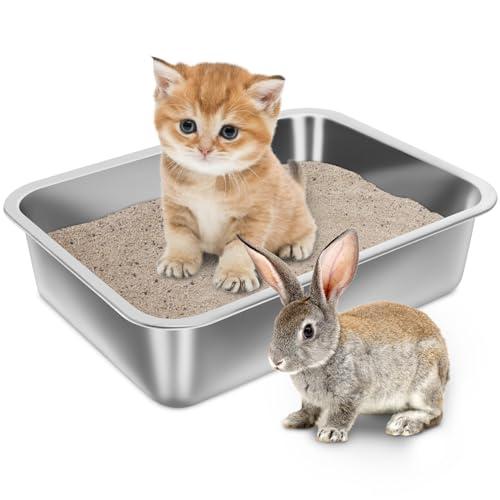 Holintan Stainless Steel Litter Box for Kitten, 15.7"×11.8"×4" Small Litter Box for Kittens Easy Entry, Non Odor, Easy to Clean, Metal Litterbox for Cat, Rabbit, Guinea Pigs and Hamsters 2 pcs
