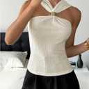 Milumia Women's Twist Halter Tops Metal Decor Textured Sleeveless Backless Tank Top (White, L)