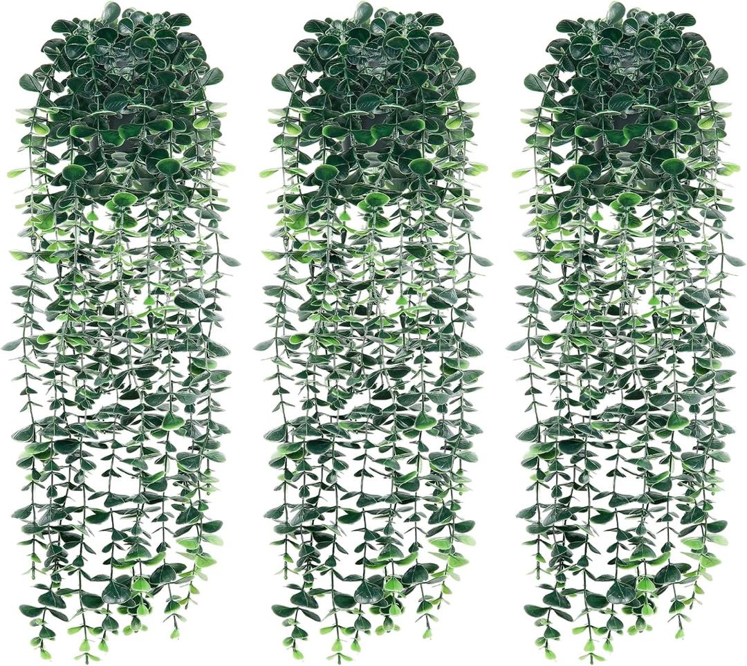 Artificial Hanging Eucalyptus PlantsFake Plant Eucalyptus Small Decor Faux Hanging Vine Plants Wall Greenery for New Home Decorationfor Floating Shelf Indoor Outdoor Pack of 3