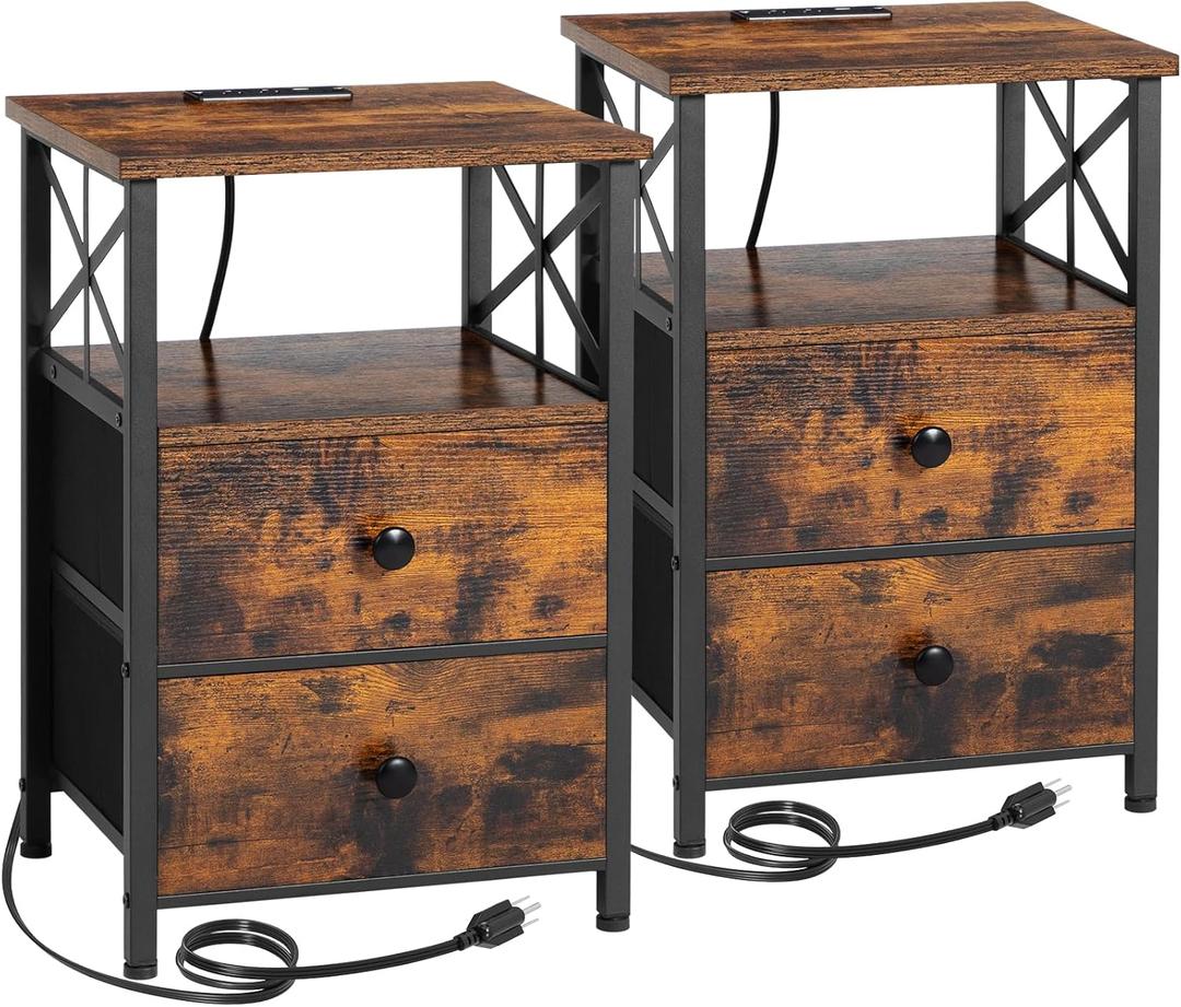 AMHANCIBLE Night Stand Set 2, Nightstand with Charging Station, End Tables Living Room with USB Ports and Outlets, Bedside Tables with Fabric Drawers for Bedroom, Rustic Brown HET05XBR (Rustic Brown)