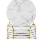 White Marble Coasters for Drinks Set of 6 PCs with Holder, Absorbent Ceramic, Home Dcor, Cup Coasters for Living Room and Kitchen, Accessories for New Home(01)
