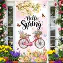 Spring Door Cover Decorative Welcome Spring Door Banner Decorative with Colorful Floral Butterfly and Pink Bicycle for FrontdDoor Decorations Spring Hanging Decor Supplies Outdoor Classroom (Green)