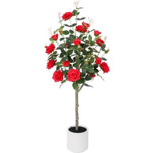 Yepdin 47 inch Artificial Rose Tree with Decorative White Planter,224 Leaves and 24 Blooming Outdoor Fake Flower Trees,Faux Plants for Indoor Home Front Door Decor