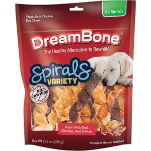 DreamBone Spirals Variety Pack Rawhide-Free Dog Treats, 32 Count | Daily Chew, Digests Safely and Completely, Made With Real Protein, Chicken, Beef and Pork, For Adult Dogs (EXP 09/15/27)