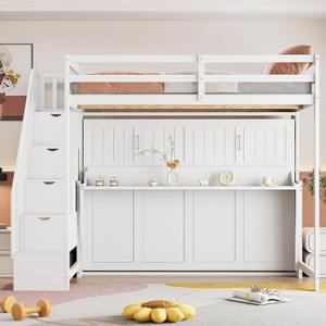 Merax Full Over Full Farmhouse Loft Bed with Murphy Cabinet Bed w/Hydraulic Lift, Solid Wood Wall Bunk Bed with Storage Staircase, Shleves & Desk/No Box Spring Needed/Easy Assemble/White