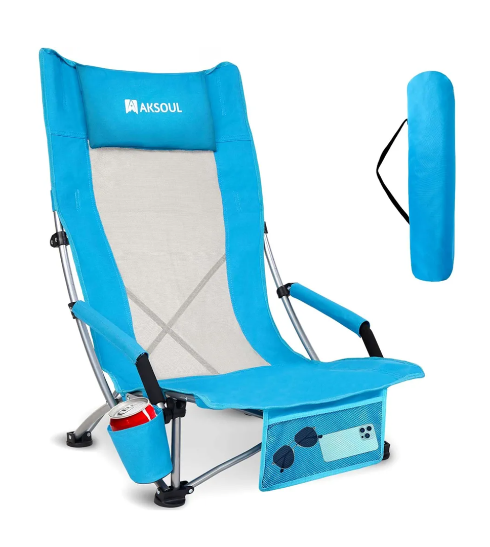 AKSOUL Folding Beach Chair for Adults: Low/High Back Chairs with Carry Bag - Extra Wide Seat Chair with Comfortable Pillow & Storage Pocket (1 Pack & 2 Pack, Blue)
