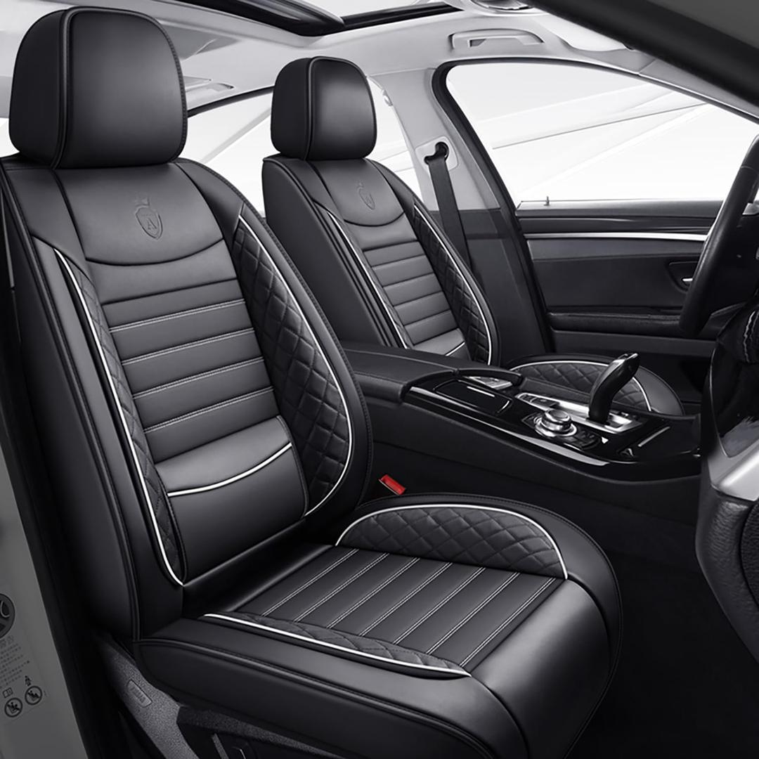 Car Seat Covers Full Set Universal Fit for Most Cars SUV Sedans Trucks Leather Car Seat Cushion Automotive Seat Cover Accessories Waterproof Leatherette Car Seat Cushion Covers , Black and White 