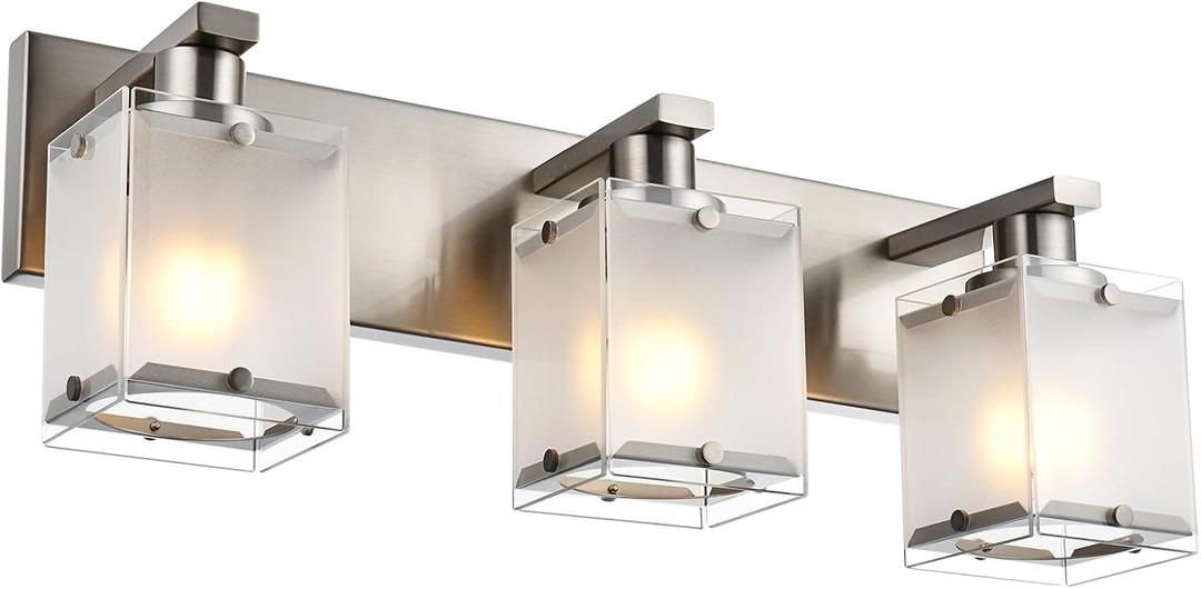 Modern 3-Lights Brushed Nickel Vanity Lights, Bathroom Light Fixture Over Mirror Wall Lighting Sconces with Frosted Glass Shades, E26 Bulb Base