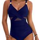 Blooming Jelly Womens One Piece Swimsuit Metal Modest Tummy Control Bathing Suit Slimming Full Coverage Mesh Swim Suits (Medium, Dark Blue)