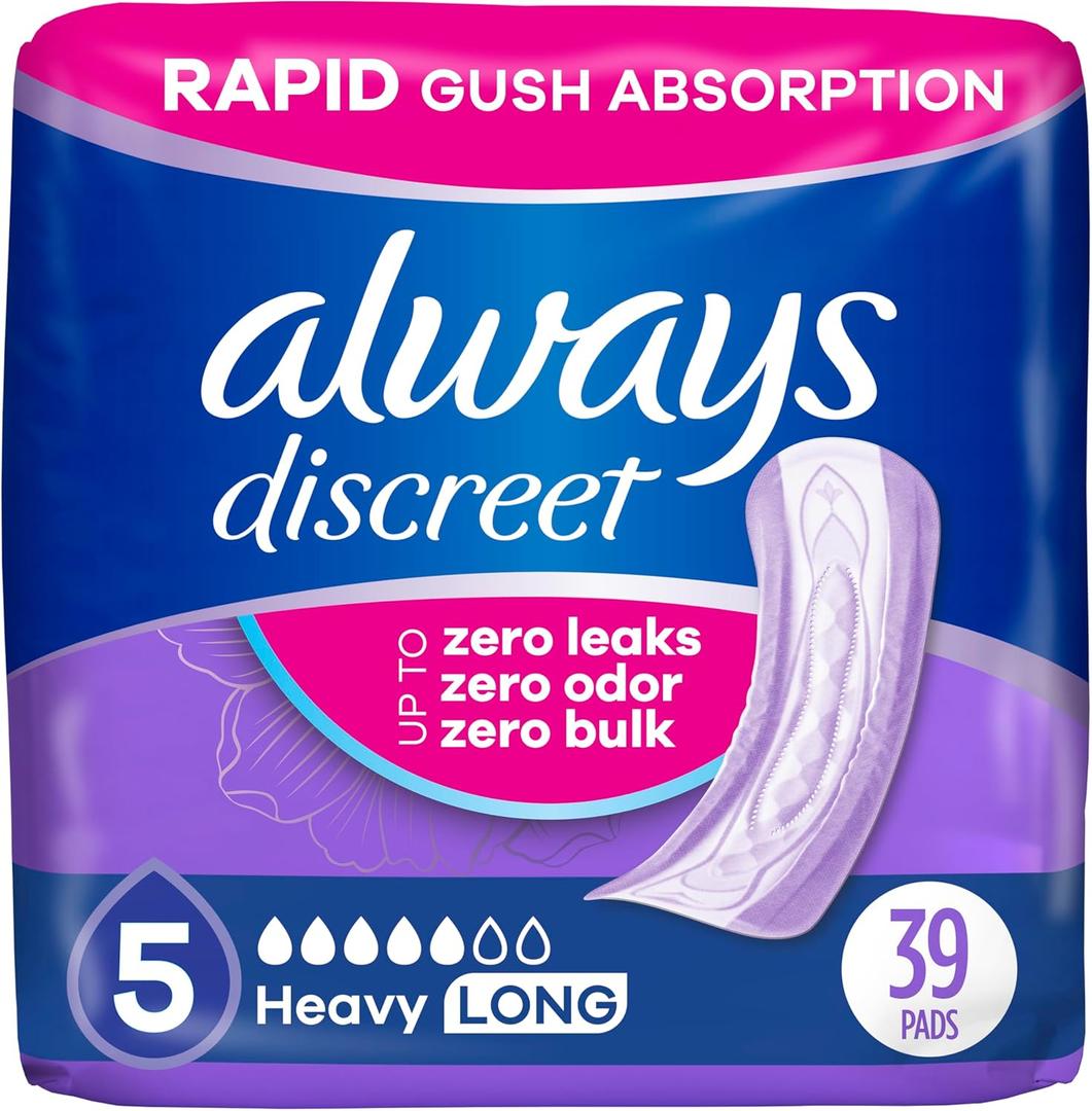 Always Discreet Adult Incontinence Pads for Women, Heavy Absorbency, Long Length, Postpartum Pads, Up to 100% Bladder Leak Protection, 39 Count 