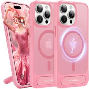 TORRAS Upgraded Magnetic & Stand for iPhone 15 Pro Case [Military Grade Drop Tested] [Compatible with MagSafe] Slim Thin Light Frosted Case for iPhone 15Pro Case Professional (6.1"), Pink