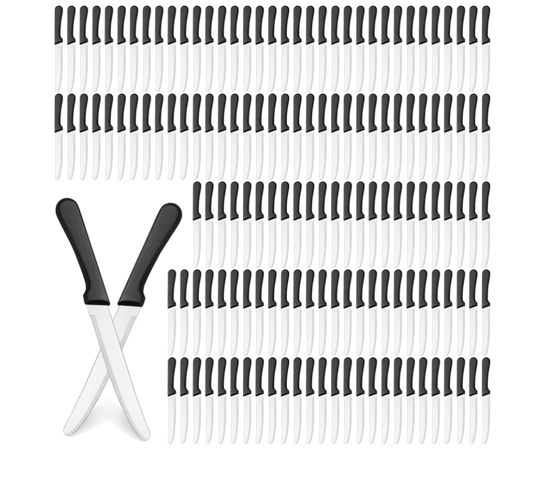 Zhehao 200 Pcs Steak Knives 8.39 Inches Stainless Steel Serrated Blade Steak Knives Set with Round Tip Plastic Handle for Restaurant Kitchen, 4.72 Inch Blade