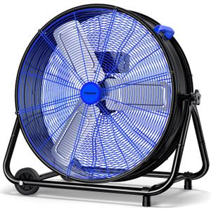 VAGKRI 24 Inch Industrial Drum Fan, 320W High Velocity Floor Fan, 3 Speed Heavy Duty Metal Air Circulator, 360 Tilt with Casters Handle ETL Standard for Patios, Warehouse, Commercial,Basement (Blue)
