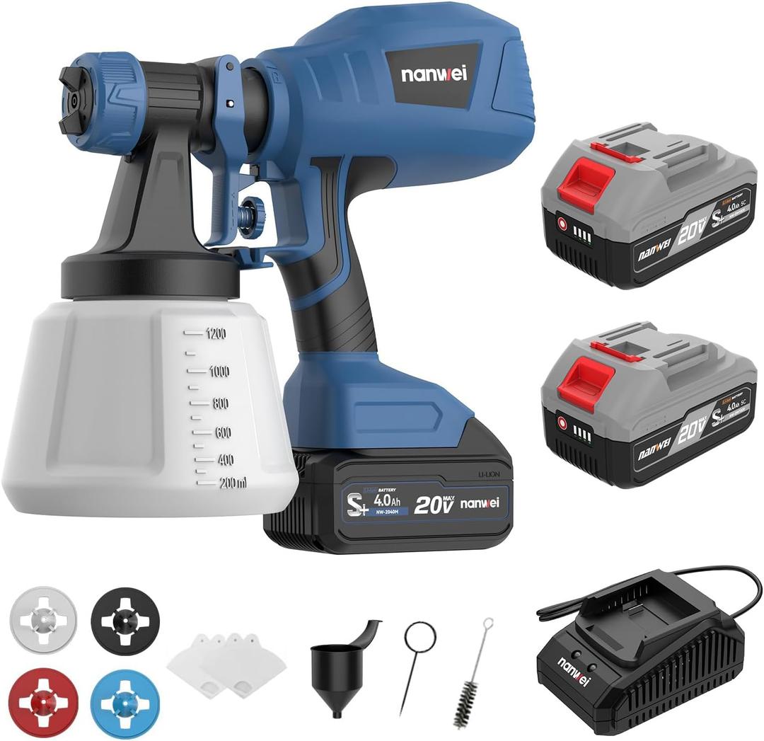 NANWEI Cordless Paint Sprayer with 2 Batteries, HVLP Spray Gun with 1200ML Container,with 4 Nozzles and 3 Patterns,Paint Sprayer Gun for House Furniture Cabinets Painting (with Battery)