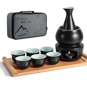Ceramic Sake Set with Warmer Pot Tray, Stovetop Porcelain Pottery Hot Saki Drink Bottle, 10pcs Set 1 Stove 1 Warming Bowl 1 Sake Bottle 1 Tray 6 Cup Keep Sake Storage Box (Black)