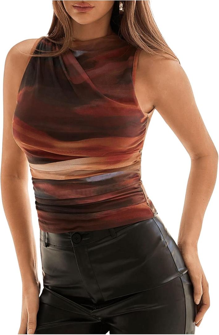 Women's Tie Dye Sleeveless Tank Top Ruched Mock Neck Slim Fit Shirt Tops, Size X-Small