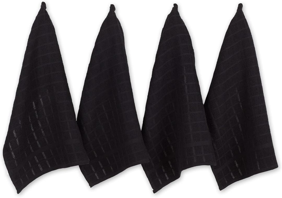 DII Basic Terry Collection Windowpane Dishtowel Set, 16x26, Black Solid, 4 Piece
