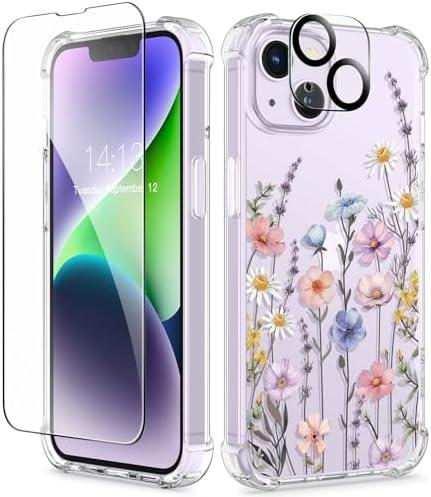 GVIEWIN for iPhone 14 Case Floral, with Screen Protector & Camera Lens Protector,[Non Yellowing] Soft Shockproof Clear Phone Protective Cover for Women, Flower Pattern Design 6.1"(Mallow/Colorful)
