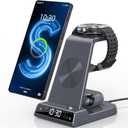Wireless Charger for Samsung Charging Station with Clock for Samsung Galaxy S25 Ultra/S24/Z Fold 7/Flip 7/6/Bud, 3 in 1 Android Charging Station, Watch Charger for Samsung Galaxy Watch 8/7/6/5 (Grey)